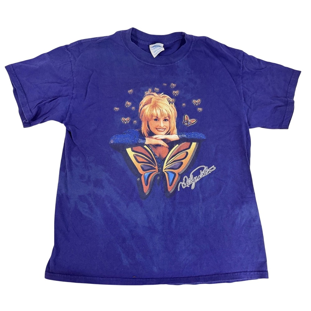 Vintage Dolly Parton Butterfly Graphic T-Shirt Purple Heavyweight M&O Large